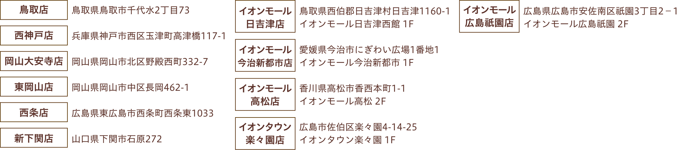 ミモザ各店舗住所