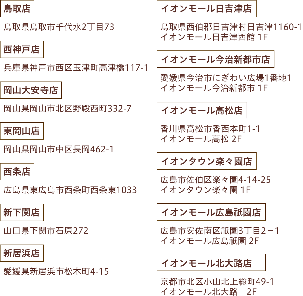 ミモザ各店舗住所