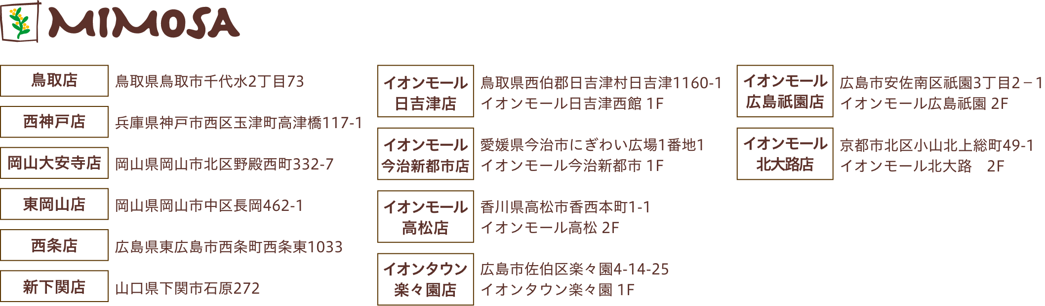 ミモザ各店舗住所