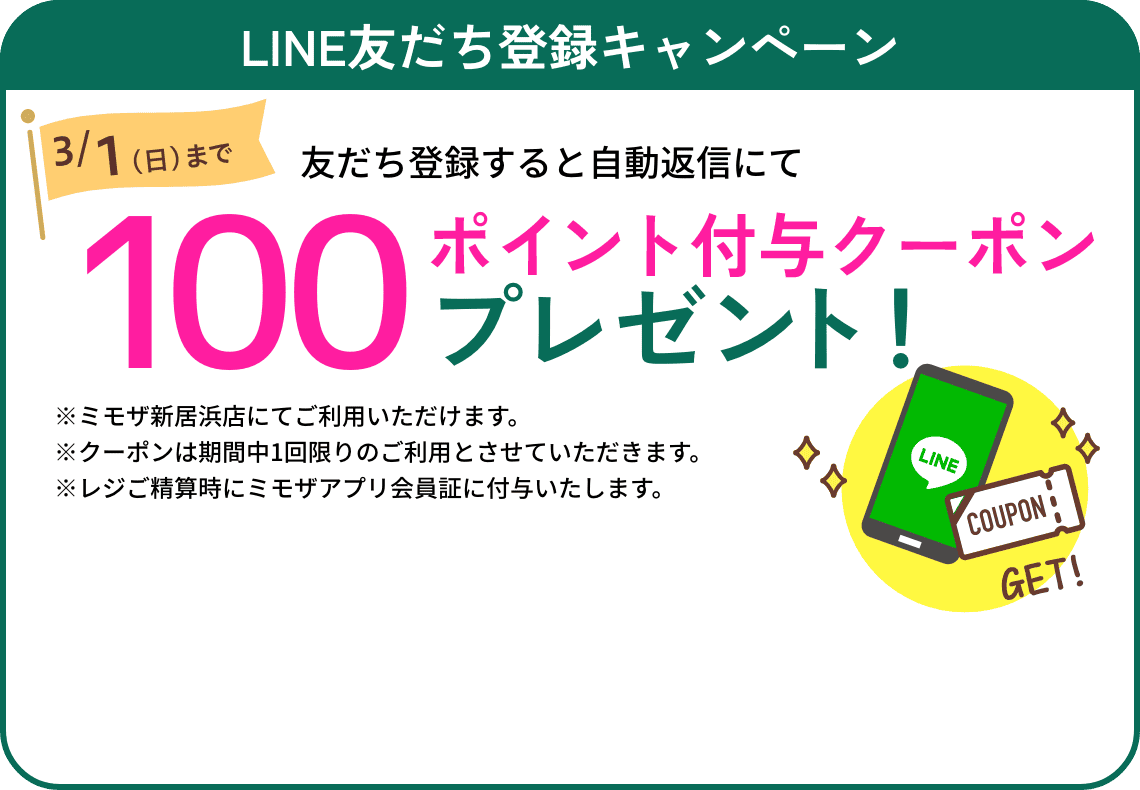 line友だち登録キャンペーン：100ポイント付与クーポンプレゼント！