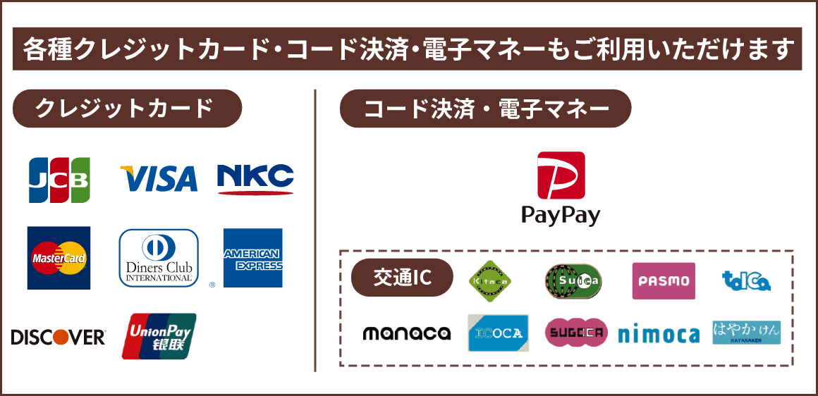 クレジットカード、電子マネーも使用できます